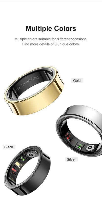 Aura smart ring available in gold, silver, and black colors with sleek design and visible internal components