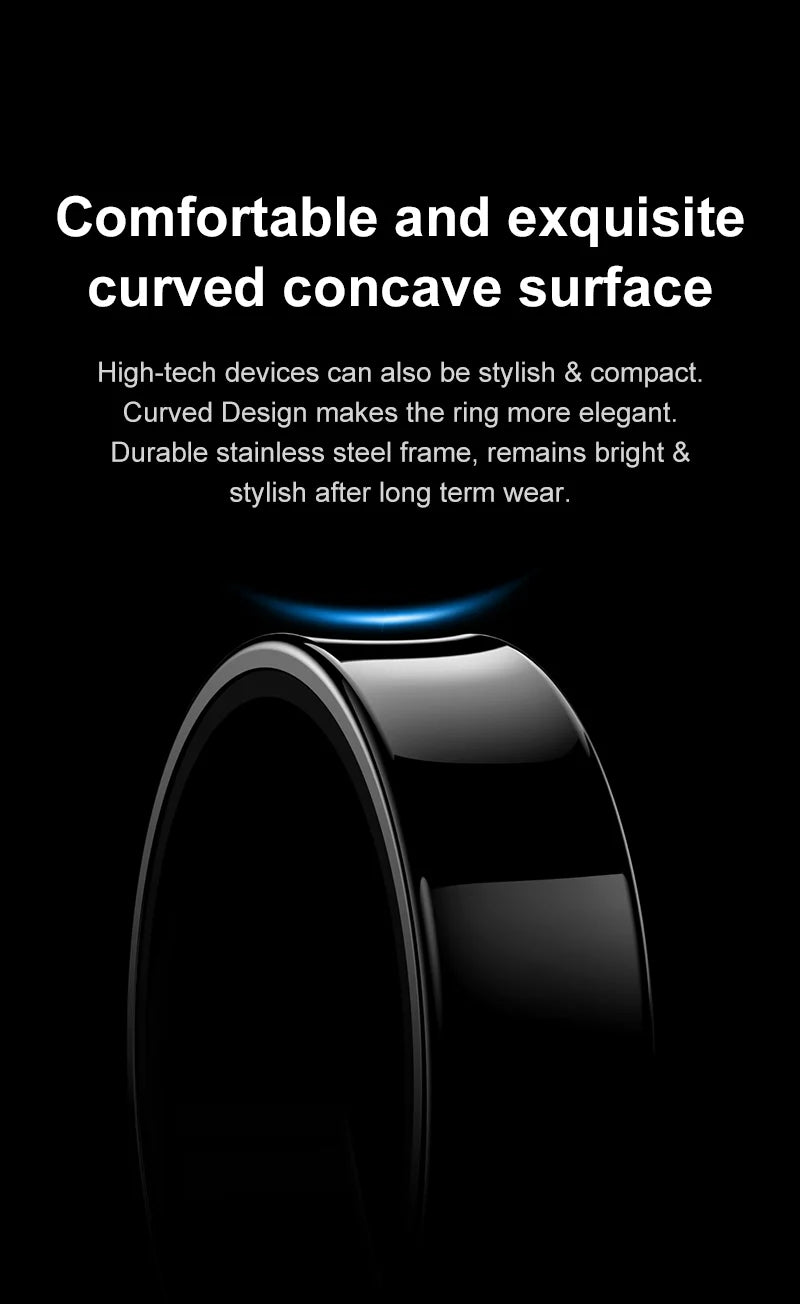 Aura smart ring with comfortable curved concave surface and durable stainless steel frame