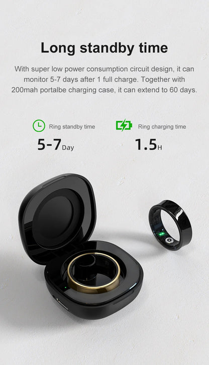 Aura smart ring with portable charging case showing long standby and charging times