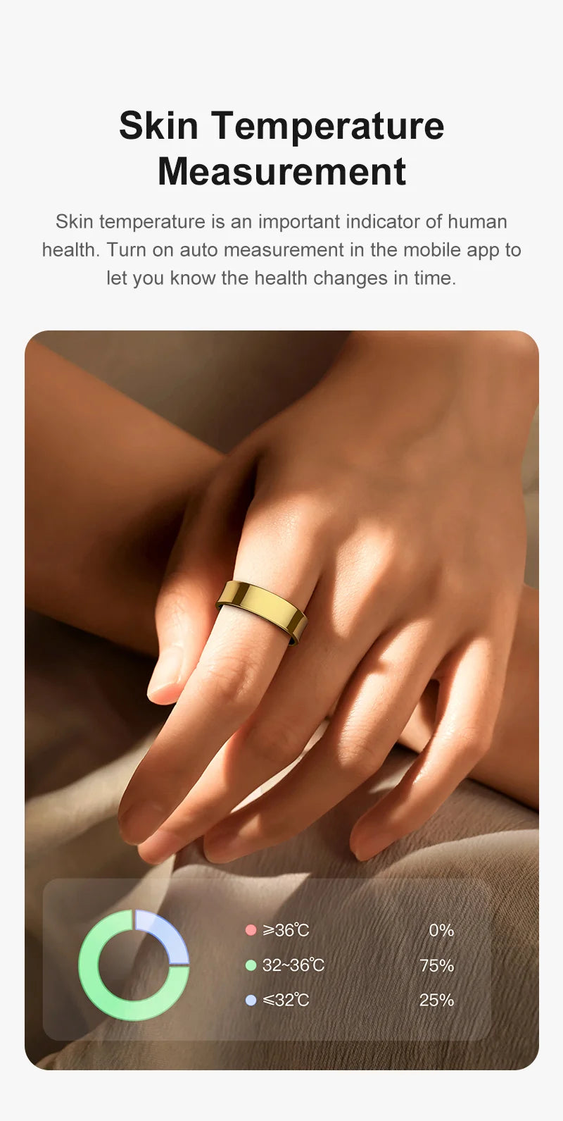 Aura smart ring in gold worn on hand measuring skin temperature with health tracking app display