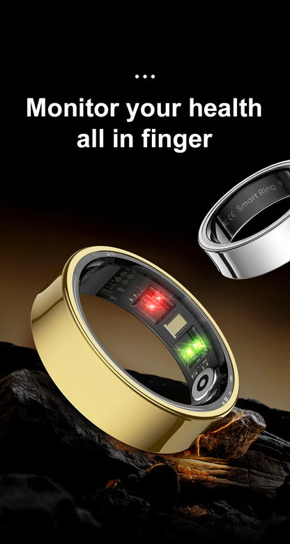 Aura smart ring in gold and silver tracking health metrics on finger