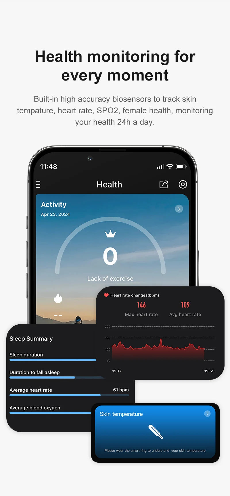 Aura smart ring health monitoring app showing activity, sleep summary, heart rate, and skin temperature