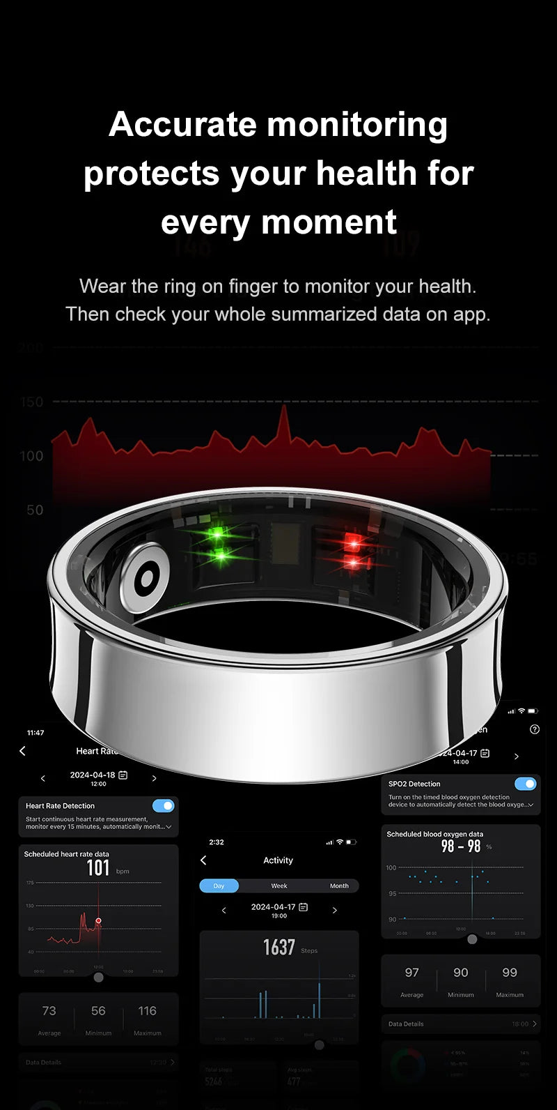 Aura smart ring by Vitaery displaying health monitoring features and app data summaries for heart rate and activity