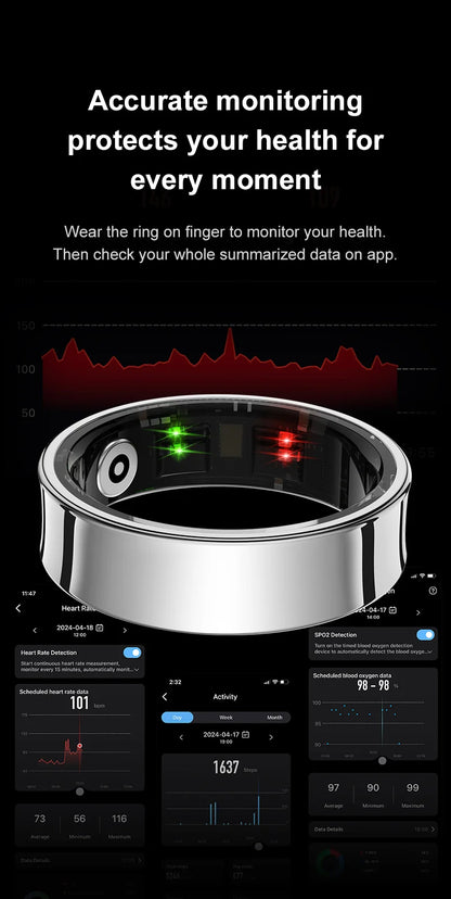 Aura smart ring by Vitaery displaying health monitoring features and app data summaries for heart rate and activity