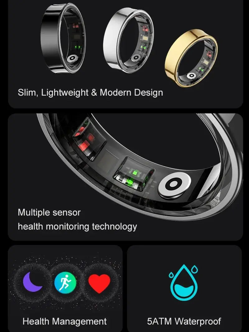Aura smart ring in black silver and gold with health monitoring sensors and waterproof design