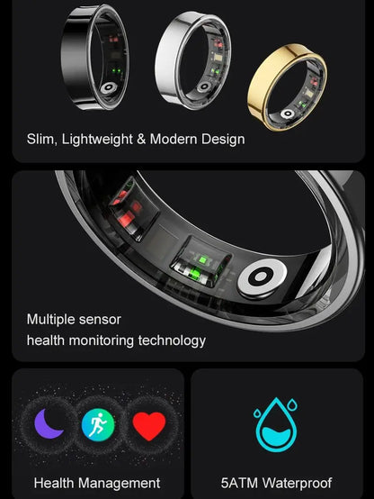 Aura smart ring in black silver and gold with health monitoring sensors and waterproof design