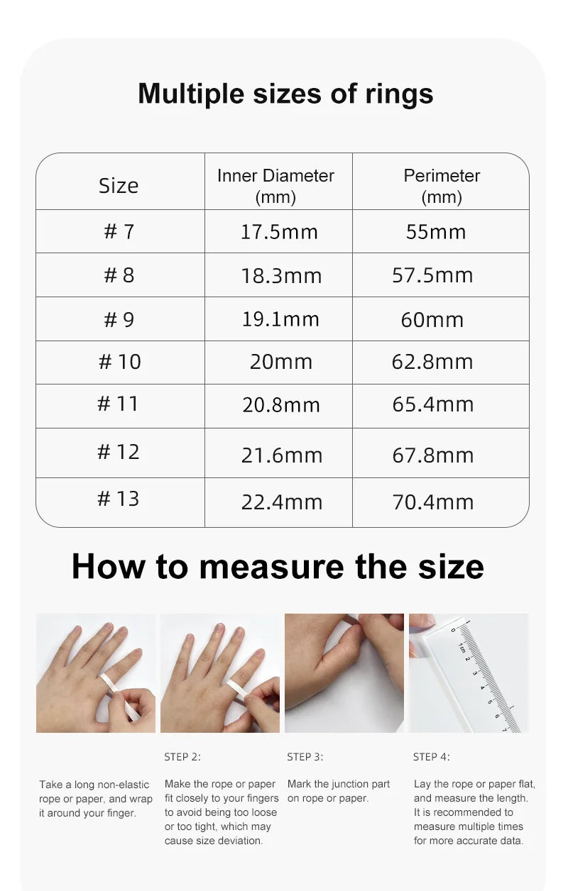 Size chart and instructions for measuring ring sizes for Vitaery Aura smart ring with inner diameter and perimeter details
