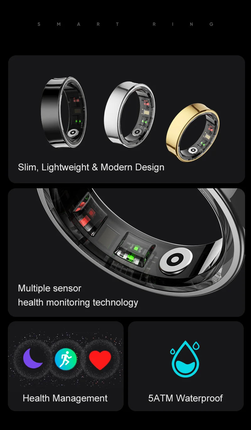 Aura smart ring by Vitaery in black silver and gold with health sensors and waterproof design