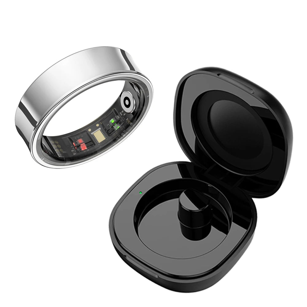 Aura smart ring with sleek silver design and black wireless charging case