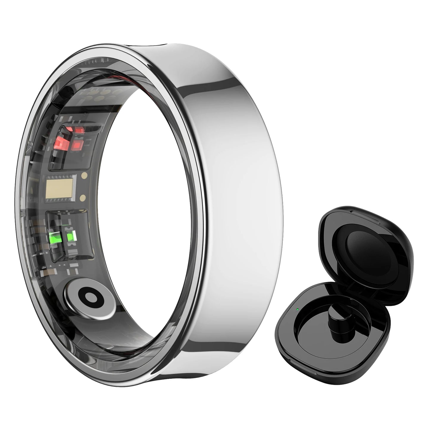 Aura smart ring with sleek silver design and accompanying black charging case