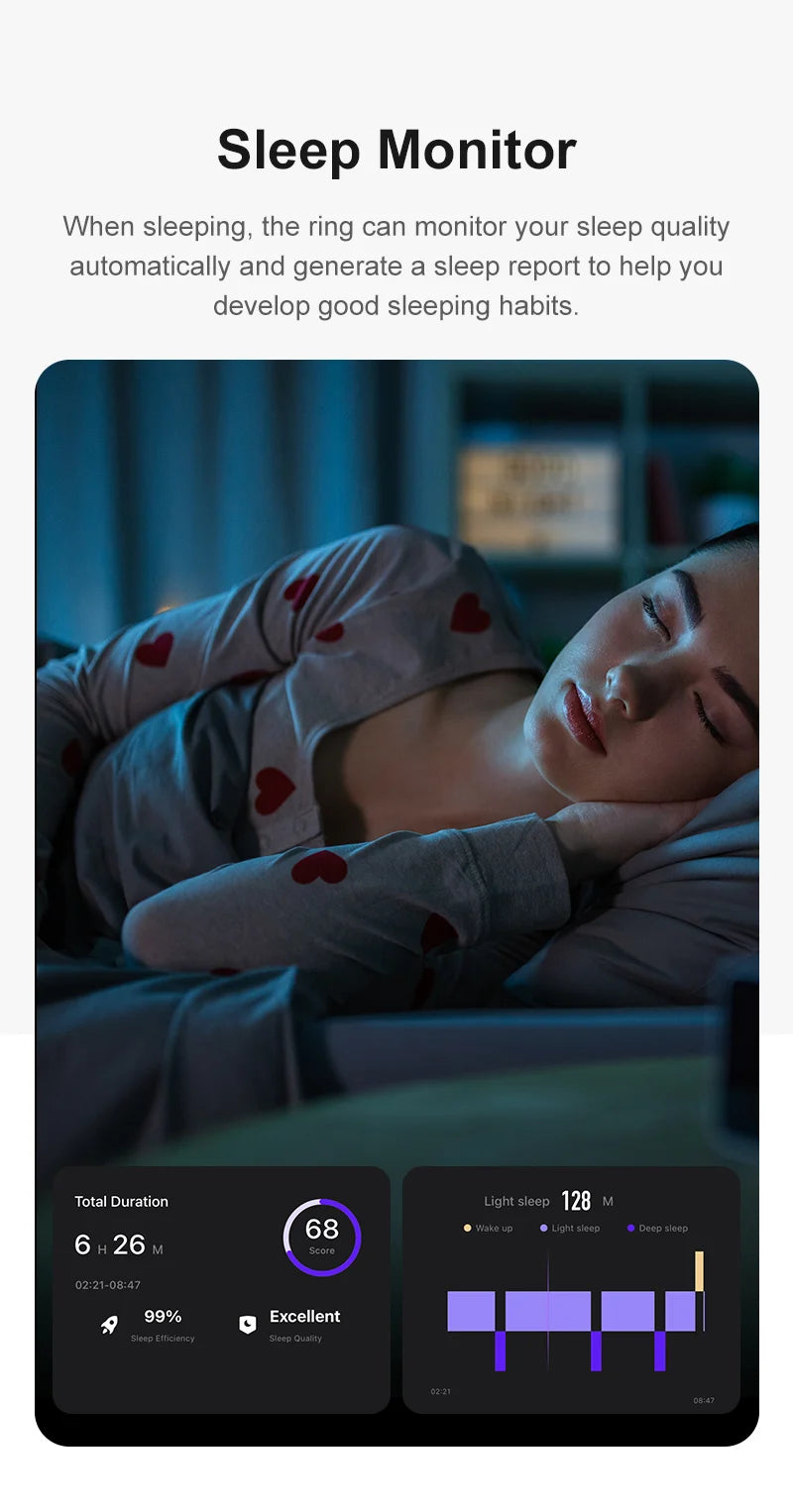 Aura smart ring monitoring sleep quality with detailed sleep report and light sleep tracking