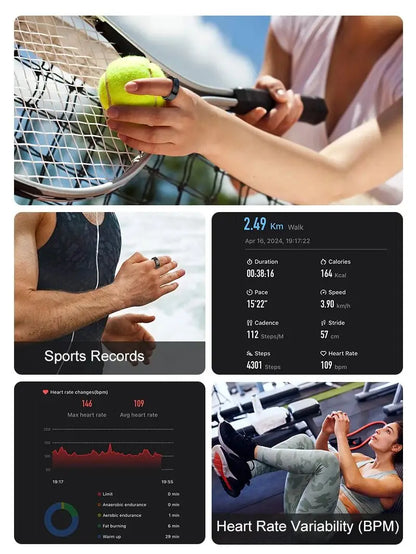 Aura smart ring worn during tennis, running, and gym workouts tracking sports records and heart rate variability