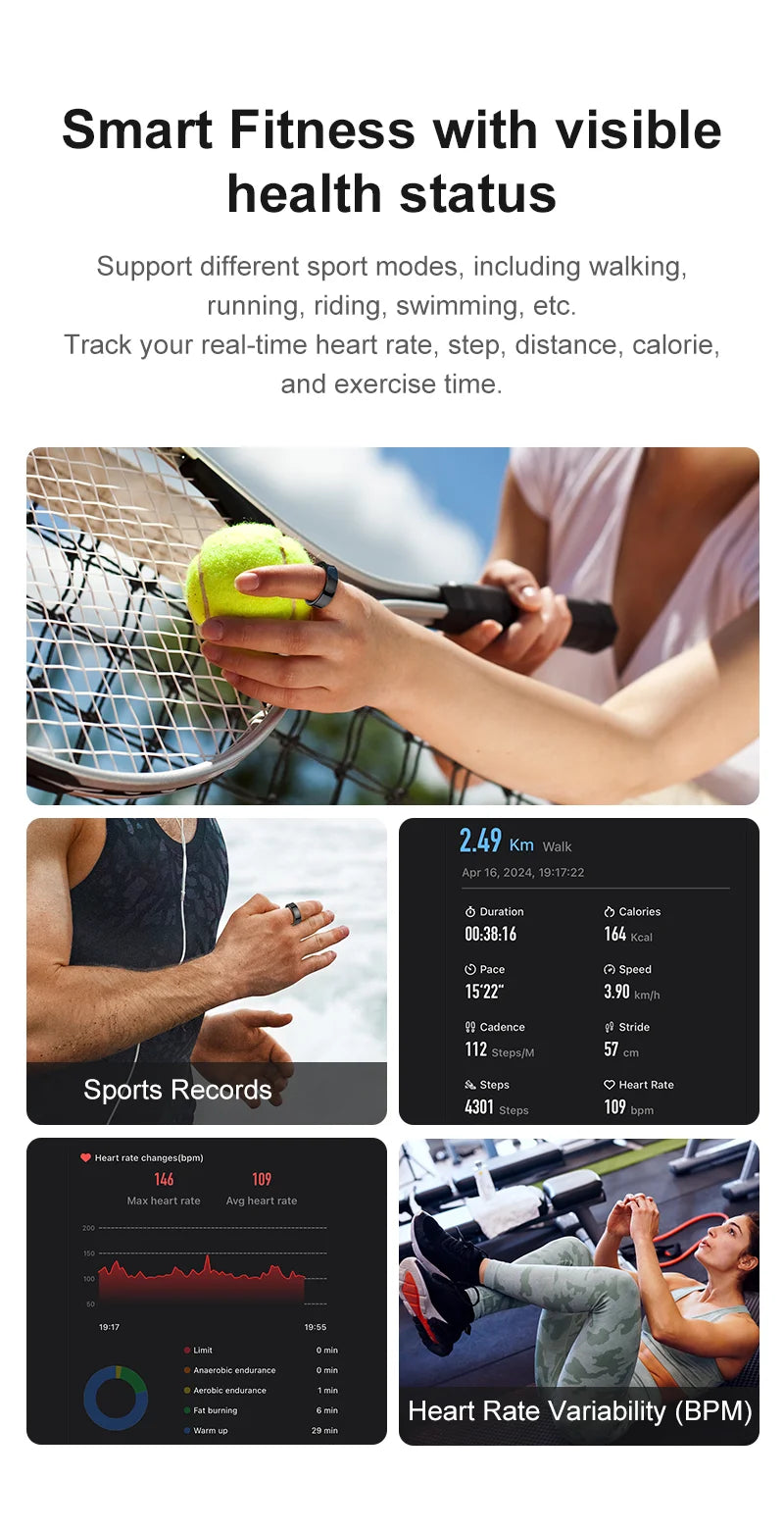 Aura smart ring tracking sports activity and heart rate with fitness data and health status display