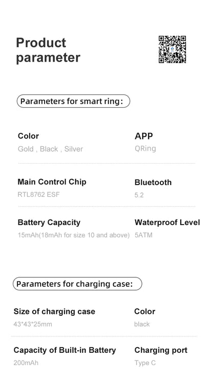 Aura smart ring product parameters showing color options gold black silver and Bluetooth 52 connectivity