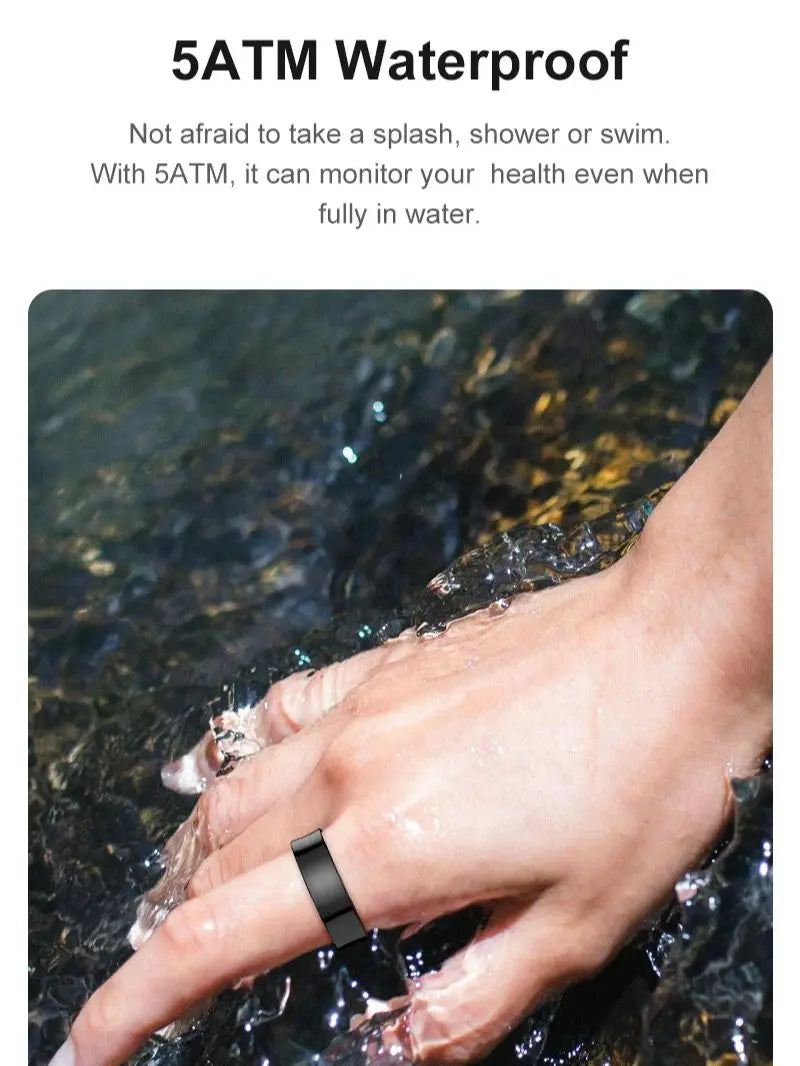 Aura smart ring by Vitaery worn on finger submerged in water demonstrating 5ATM waterproof feature