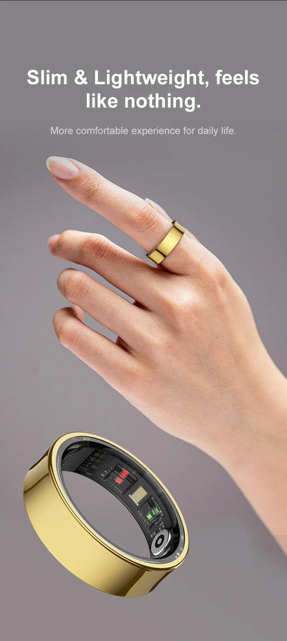 Aura smart ring slim and lightweight gold design worn on finger for daily comfort