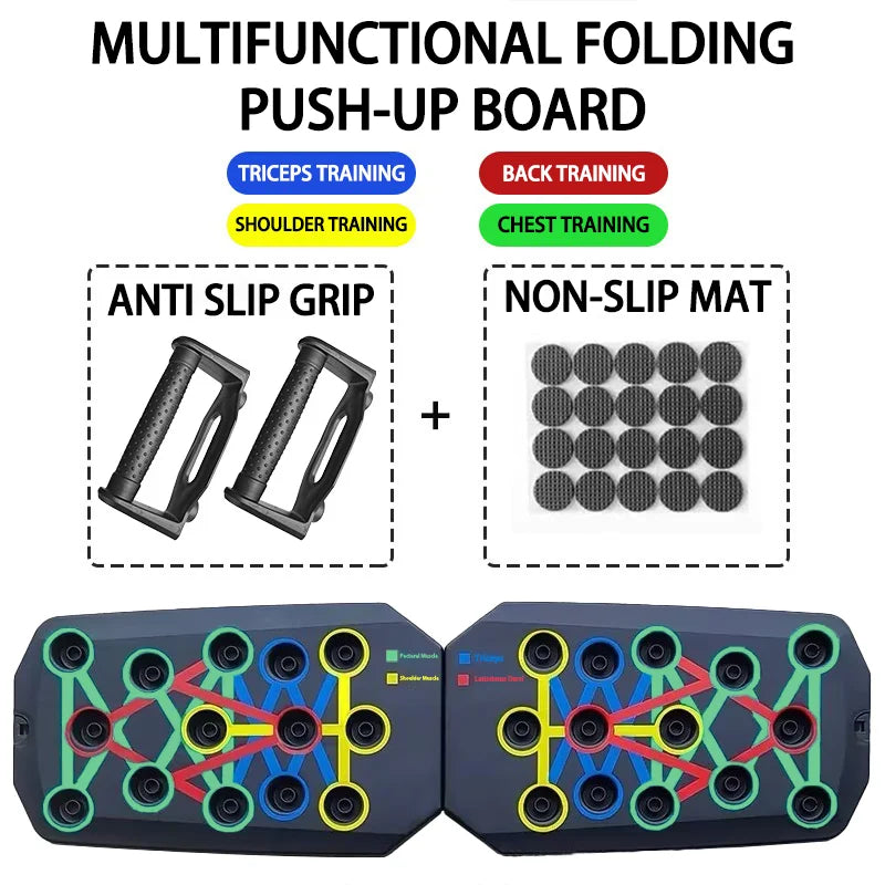 Multifunctional folding push up board for chest and core with color-coded grips and anti-slip mat