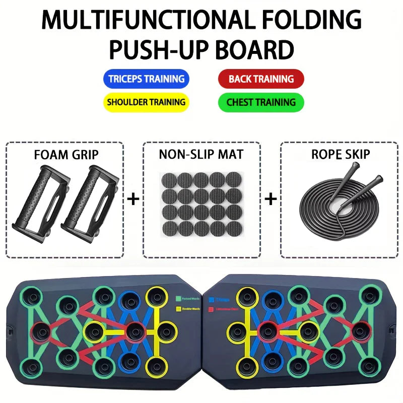 Multifunctional folding push up board for chest and core with foam grips non slip mat and rope skip