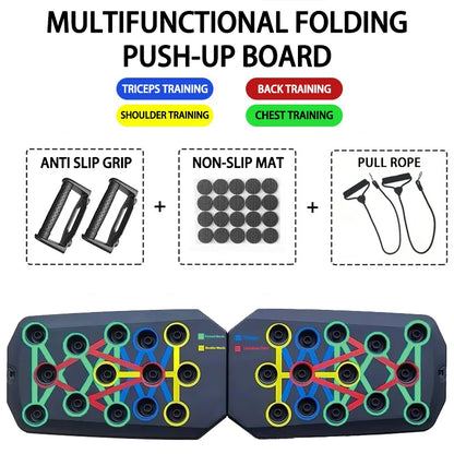 Multifunctional folding push up board for chest and core with anti slip grip handles pull rope and non slip mat
