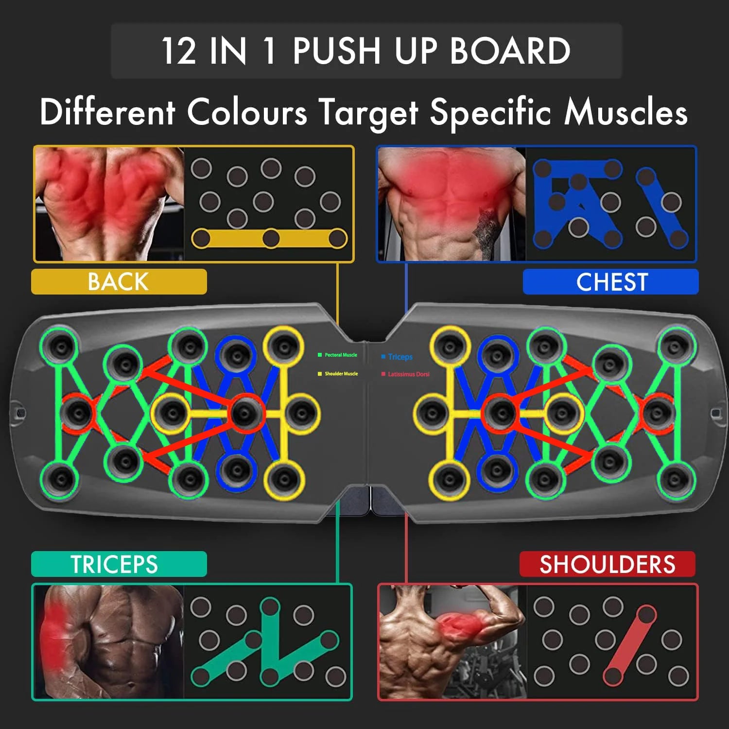 12 in 1 push up board for chest and core with color-coded positions targeting back chest triceps and shoulders