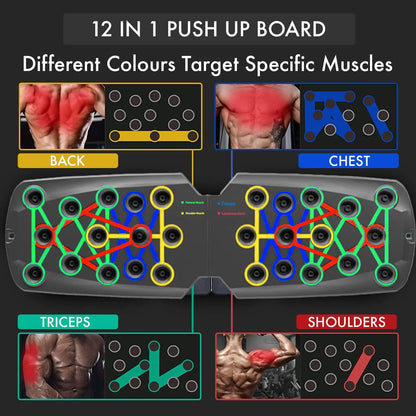 12 in 1 push up board for chest and core with color-coded positions targeting back chest triceps and shoulders