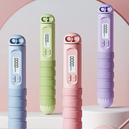 Smart jump rope with digital counter in blue green pink and purple colors with ergonomic handles
